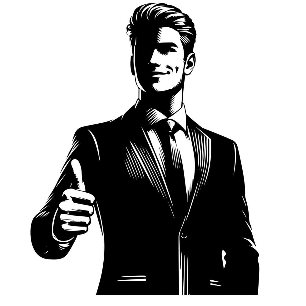 Black and White Illustration of a Man in Business Suit is showing the Thumbs up Sign vector