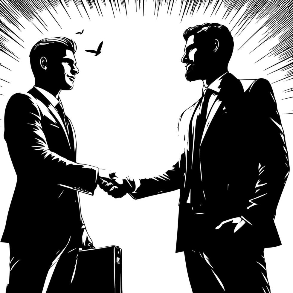 Black and white Illustration of a Handshake bewtween two Business Men in Suits vector