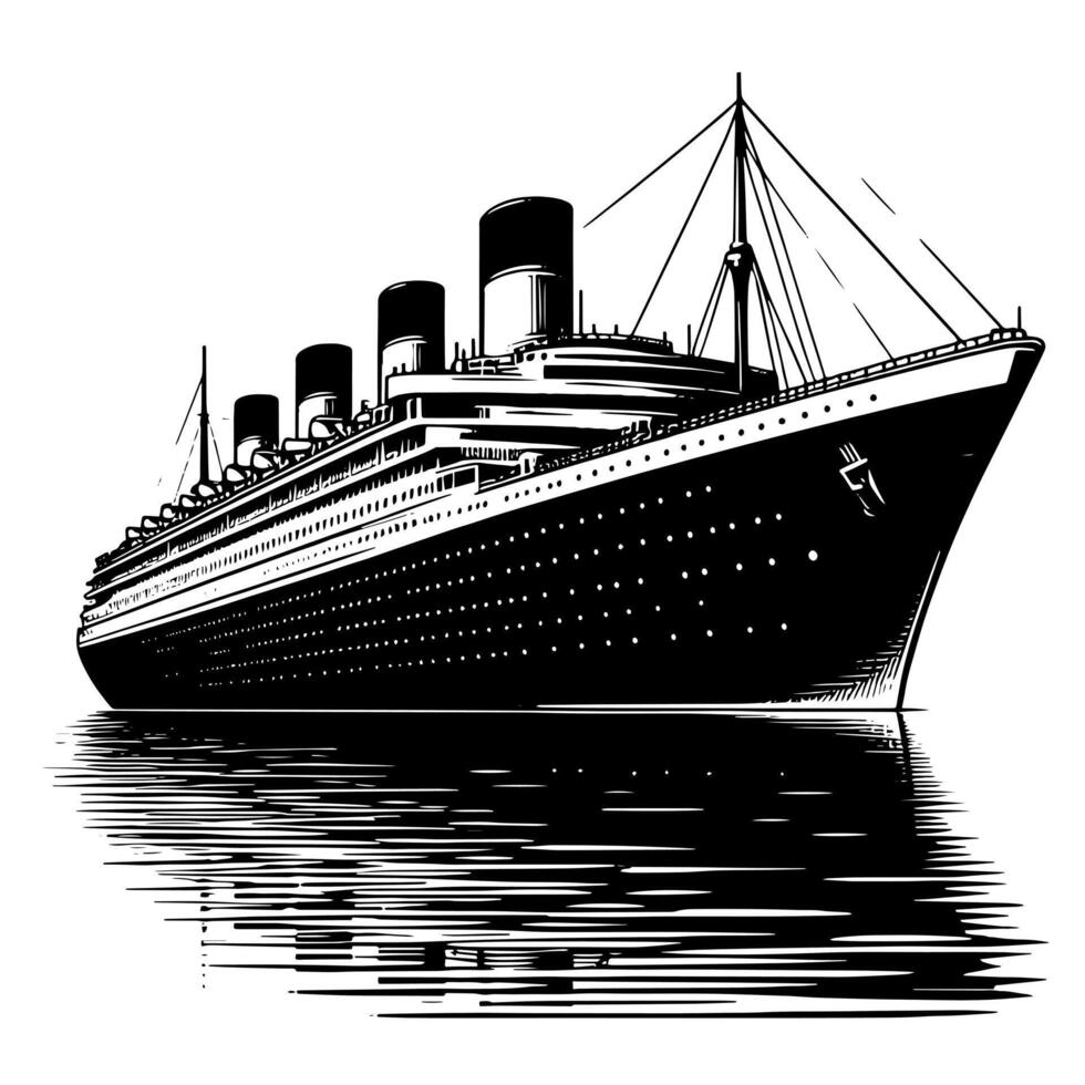 Black and White Illustration of a ocean liner at the sea vector