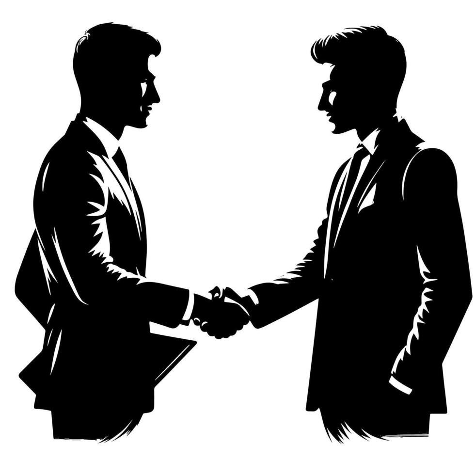 Black and white Illustration of a Handshake bewtween two Business Men in Suits vector