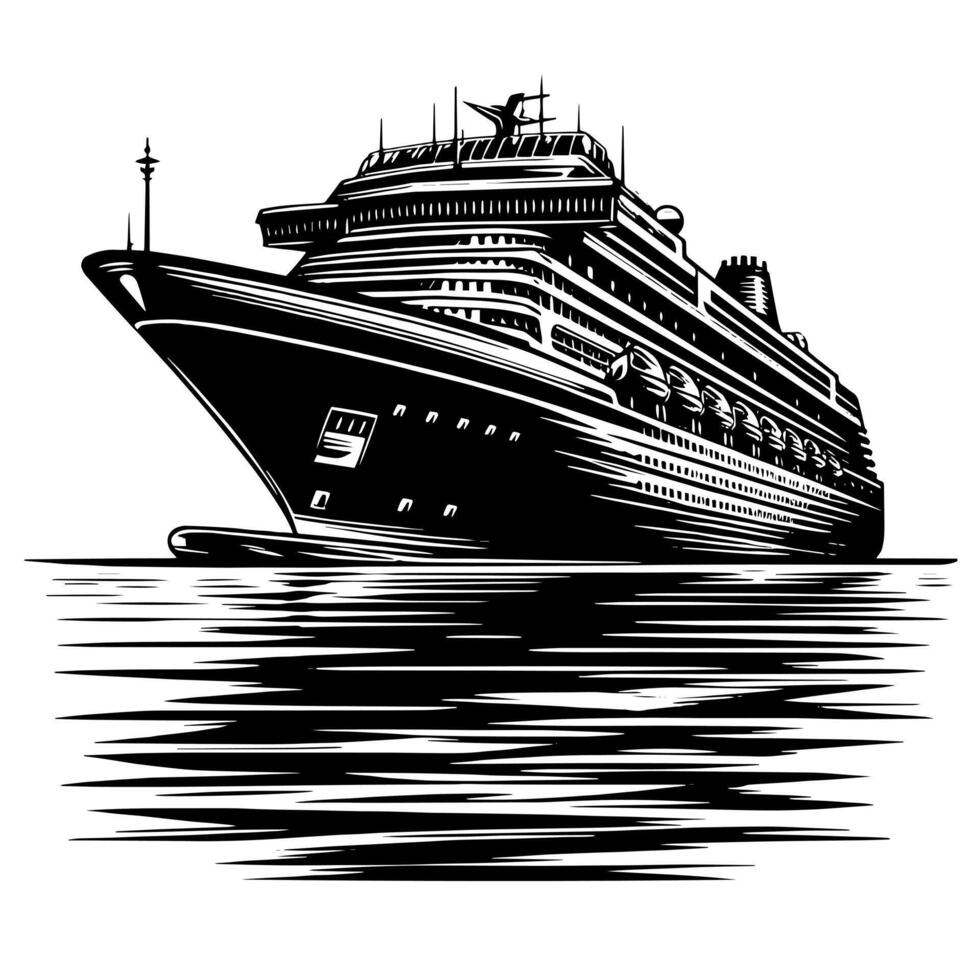 Black and White Illustration of a ocean liner at the sea vector