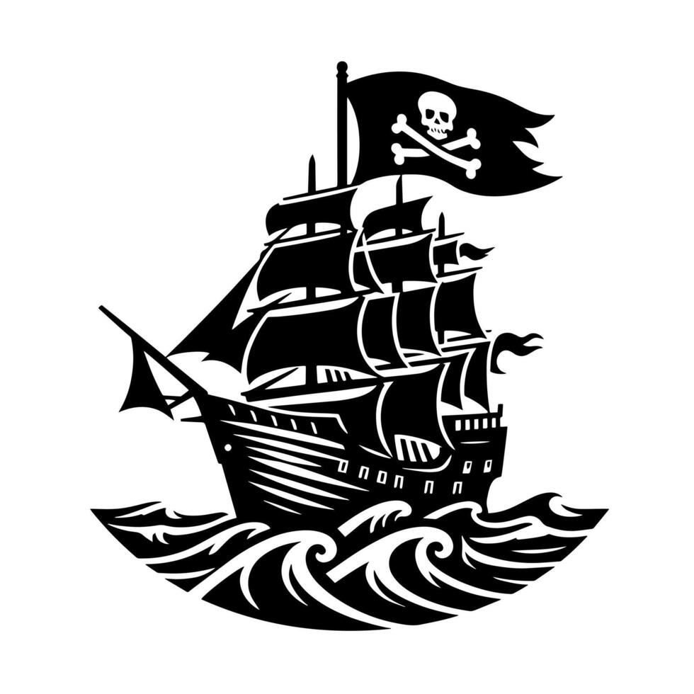 Black and White Illustration of pirate ship vector