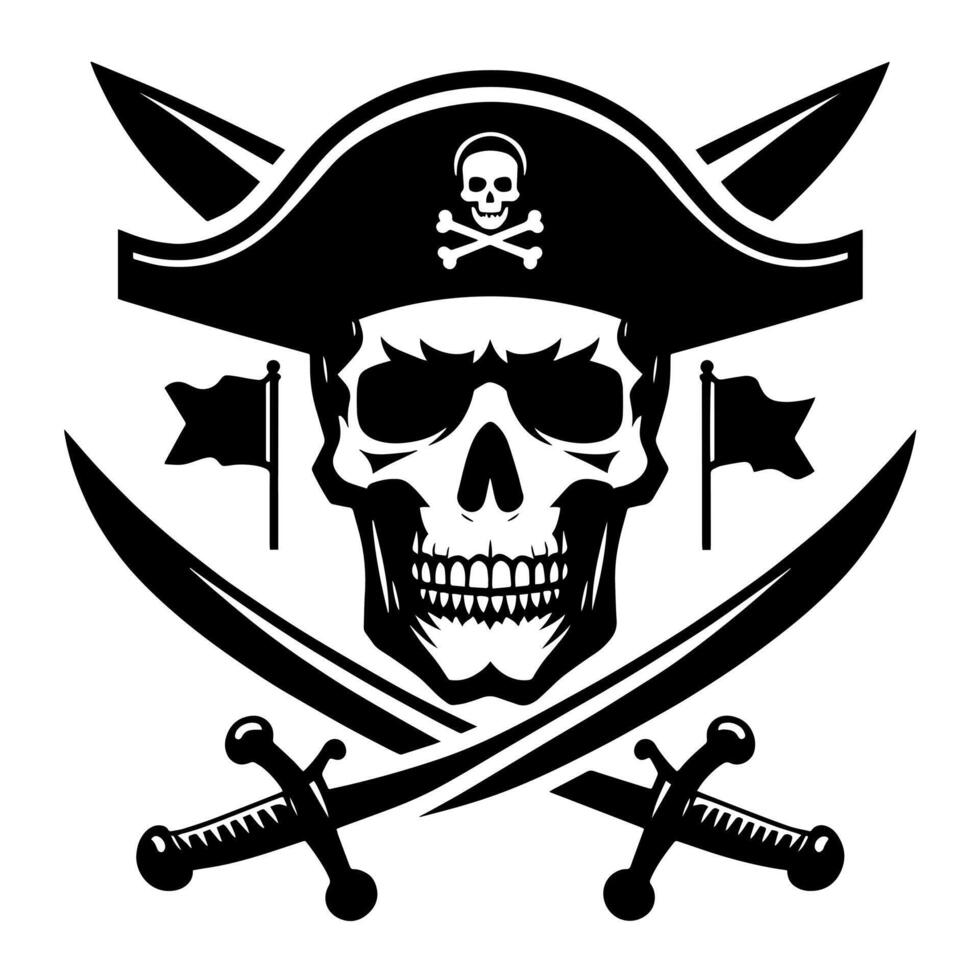 negro y blanco ilustración de pirata símbolo con espadas y sombrero vector