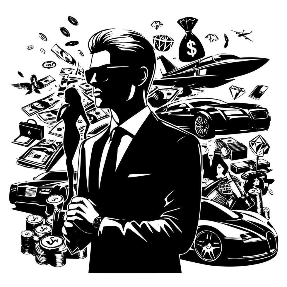 negro y blanco ilustración de un exitoso negocio hombre con dinero carros muchachas y lujo vector