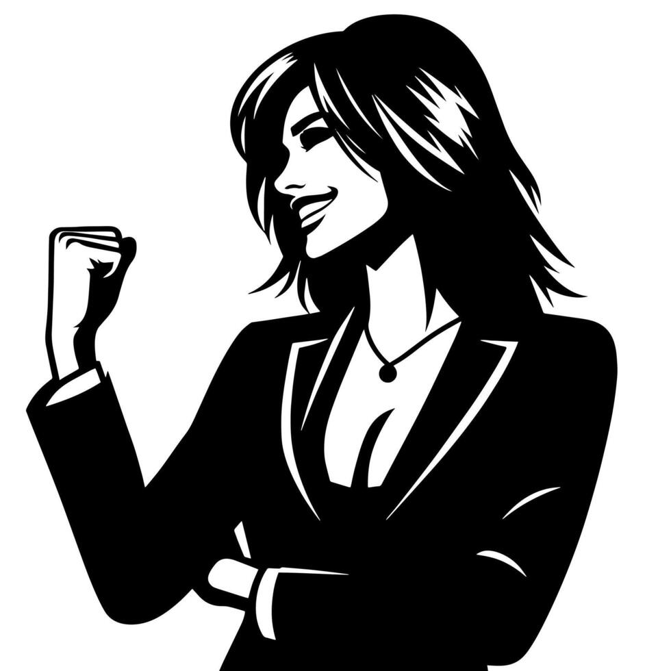 Black and White Illustration of a Woman in Business Suit is dancing and shaking in a Successful Pose vector