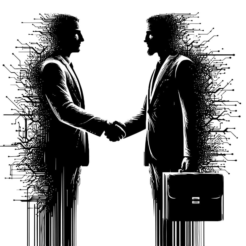 Black and white Illustration of a Handshake bewtween two Business Men in Suits vector