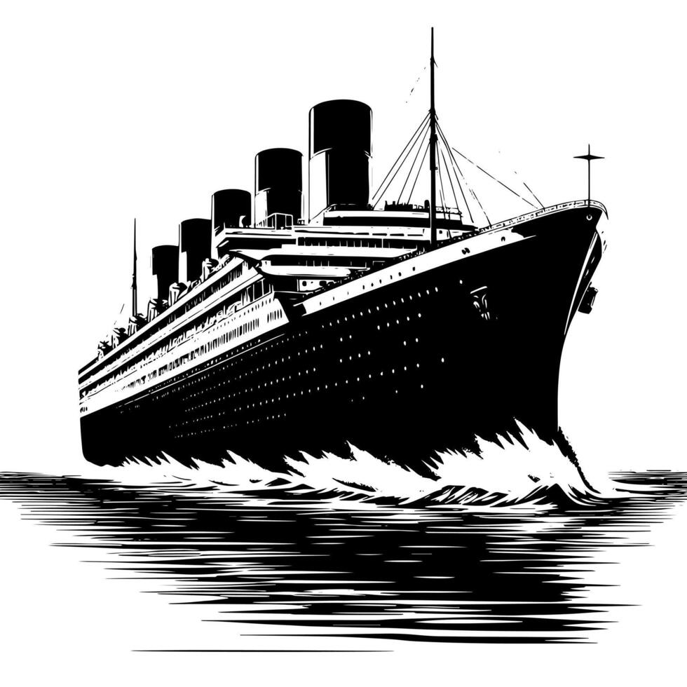 Black and White Illustration of a ocean liner at the sea vector