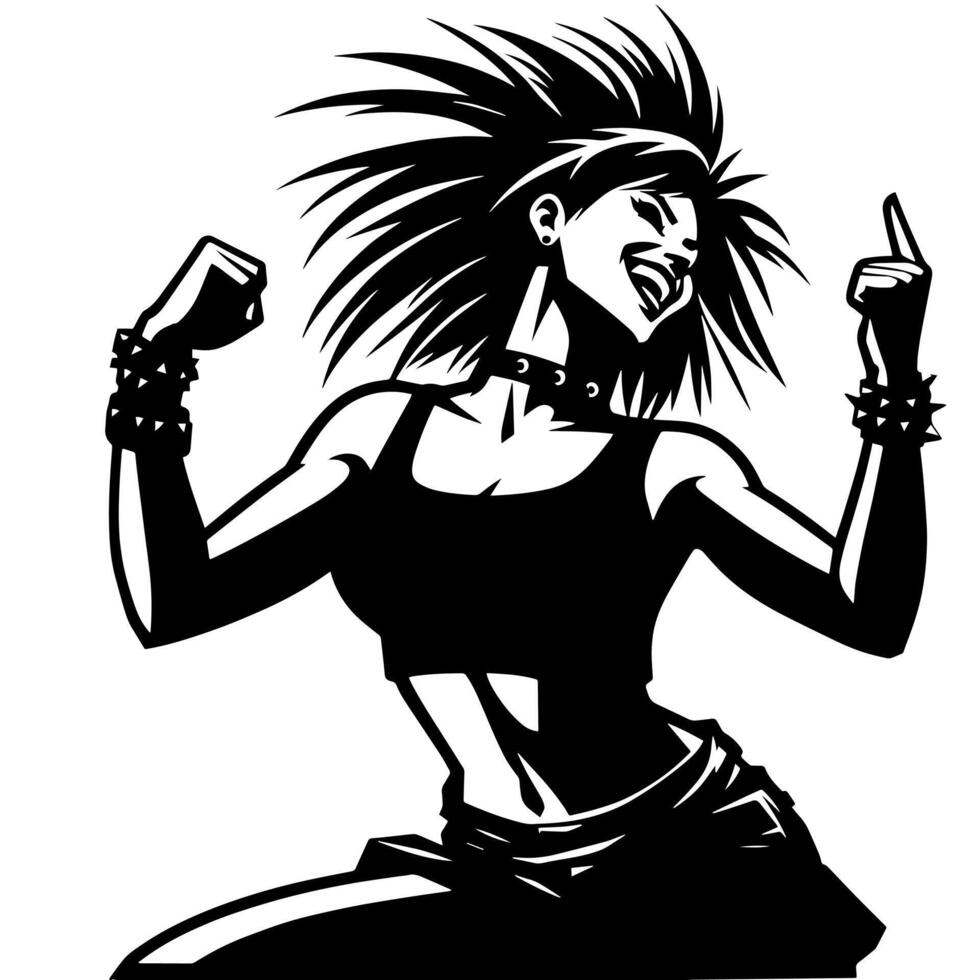 negro y blanco ilustración de un punk mujer es bailando y sacudida en un exitoso actitud vector