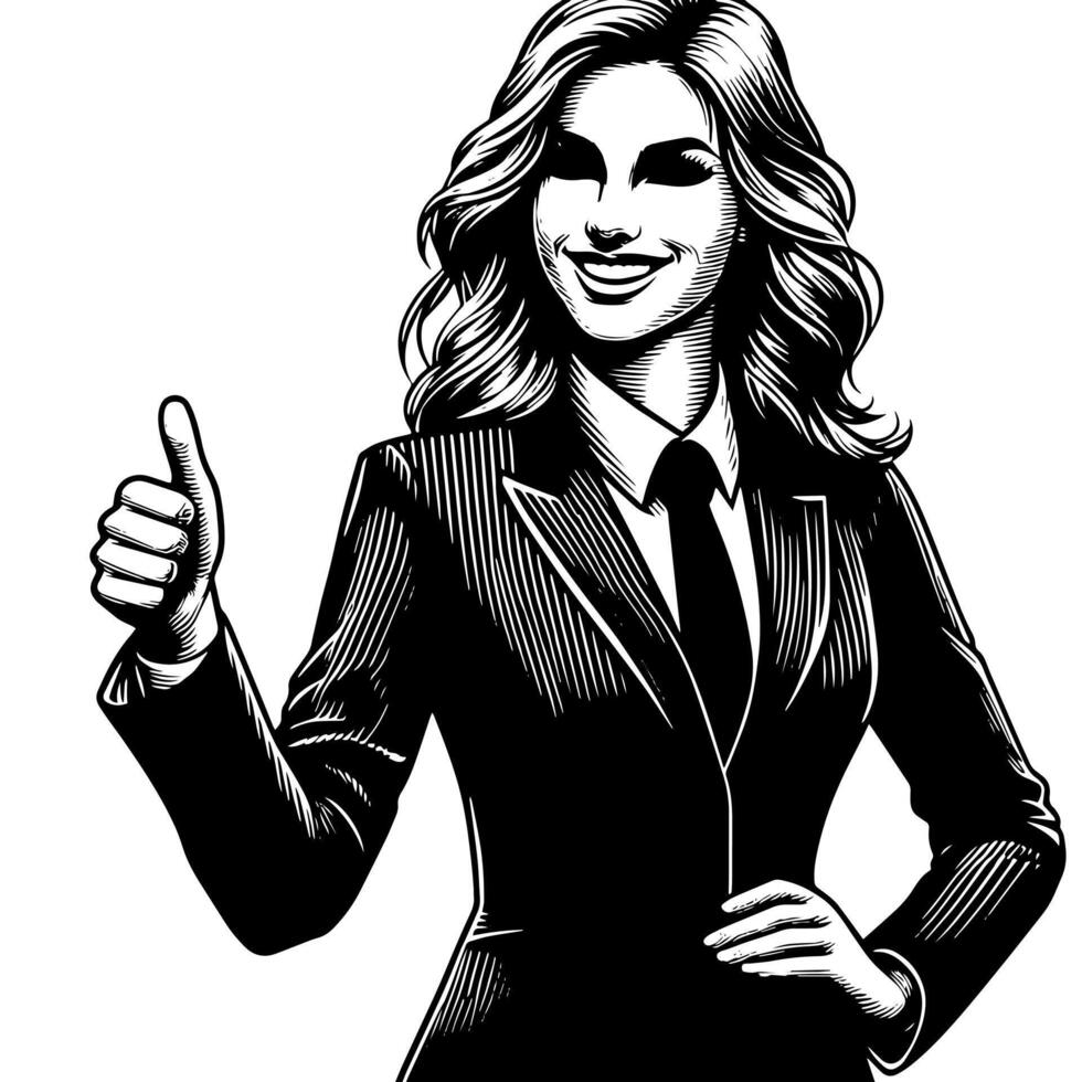 Black and White Illustration of a Woman in Business Suit is showing the Thumbs up Sign vector