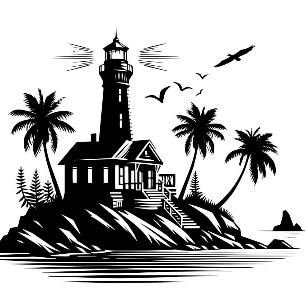 Black and White Illustration of a traditional old Lighthouse on the rocks vector