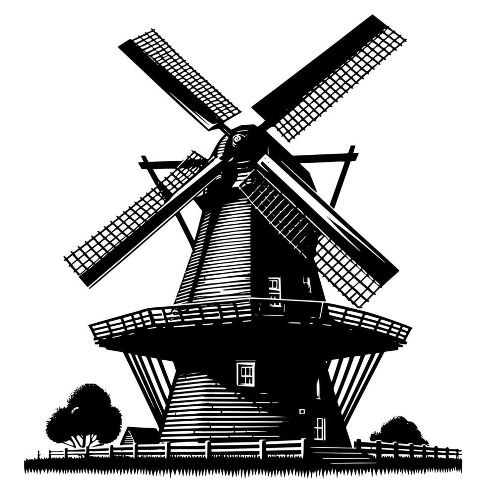 Black and White Illustration of a traditional old Windmill in Holland vector