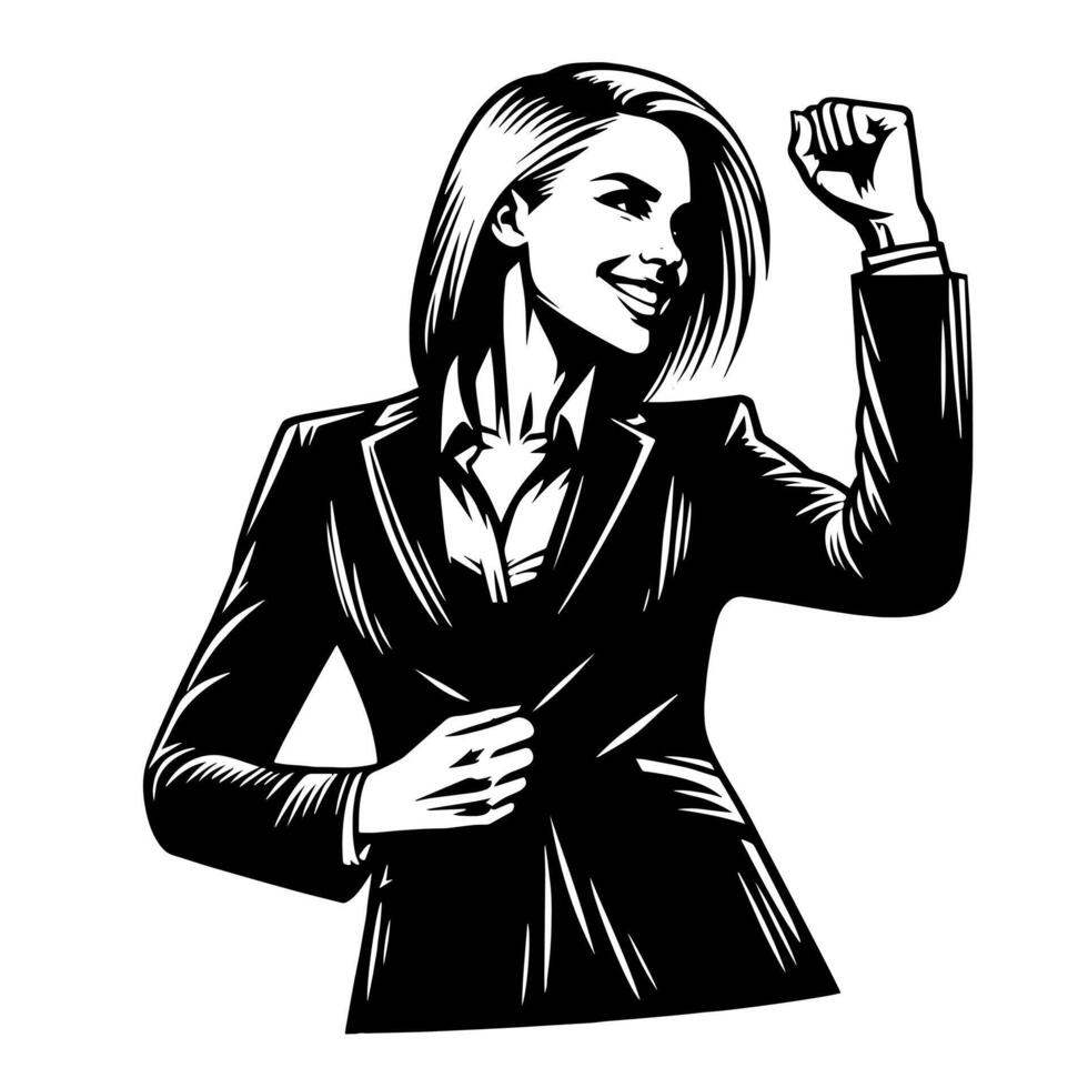 Black and White Illustration of a Woman in Business Suit is dancing and shaking in a Successful Pose vector