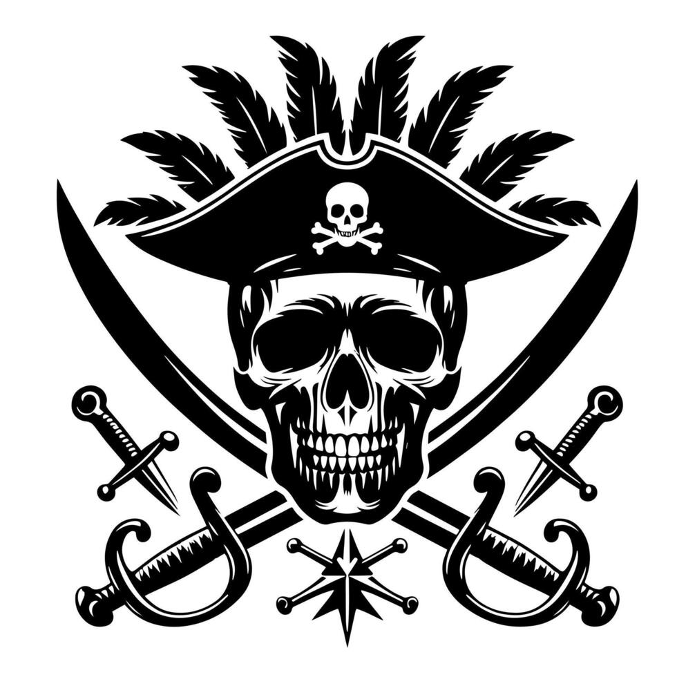 Black and White Illustration of pirate symbol with swords and hat vector