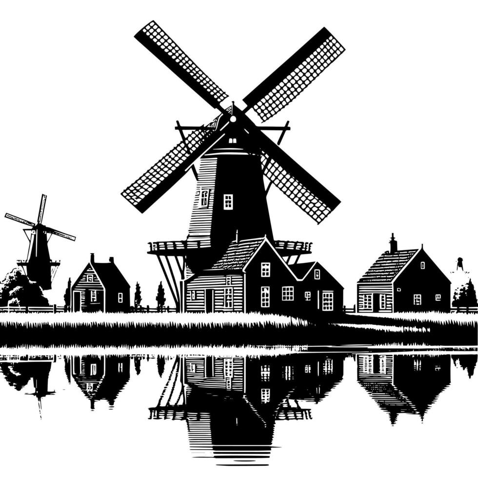 negro y blanco ilustración de un tradicional antiguo molino en Holanda vector