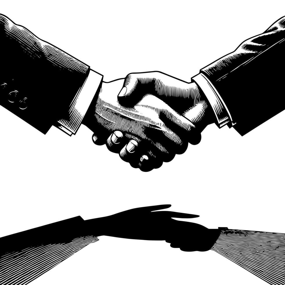 Black and white Illustration of a Handshake bewtween two Business Men in Suits vector