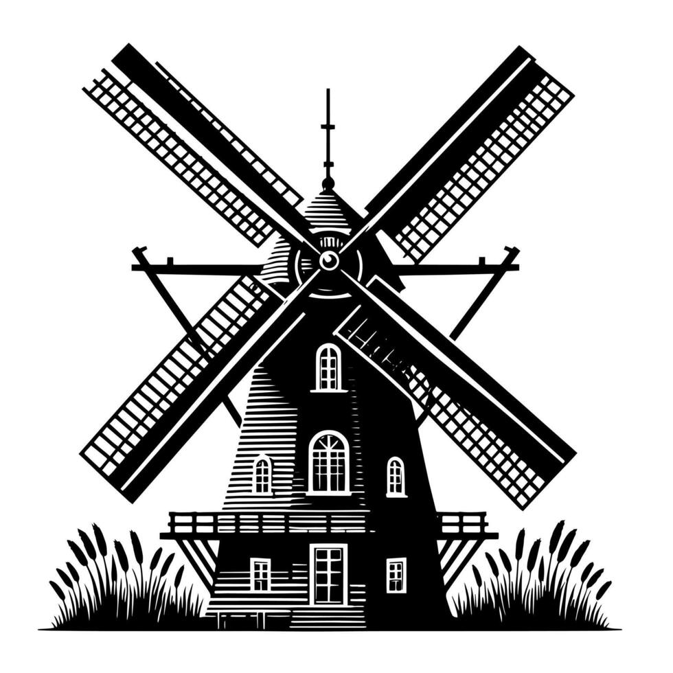 negro y blanco ilustración de un tradicional antiguo molino en Holanda vector