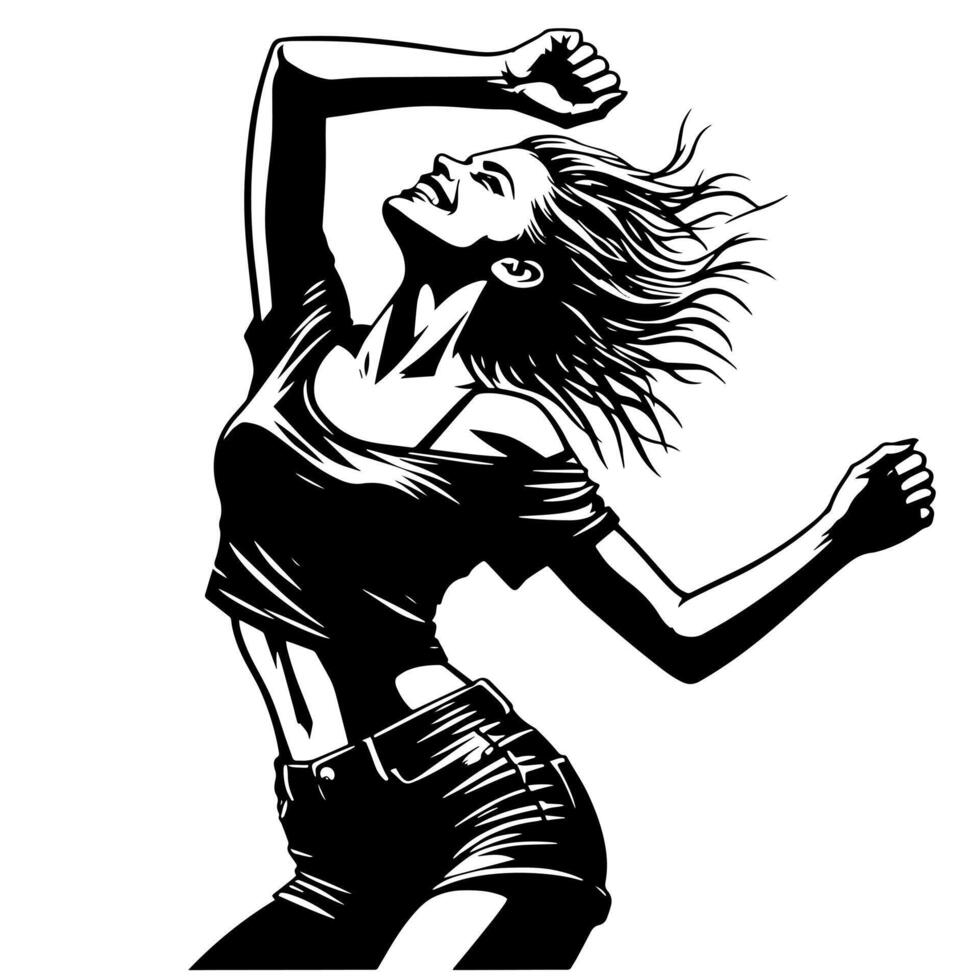 Black and White Illustration of a punk Woman is dancing and shaking in a Successful Pose vector