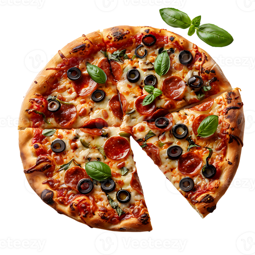 Freshly baked pizza with a cut slice on isolated transparent background png