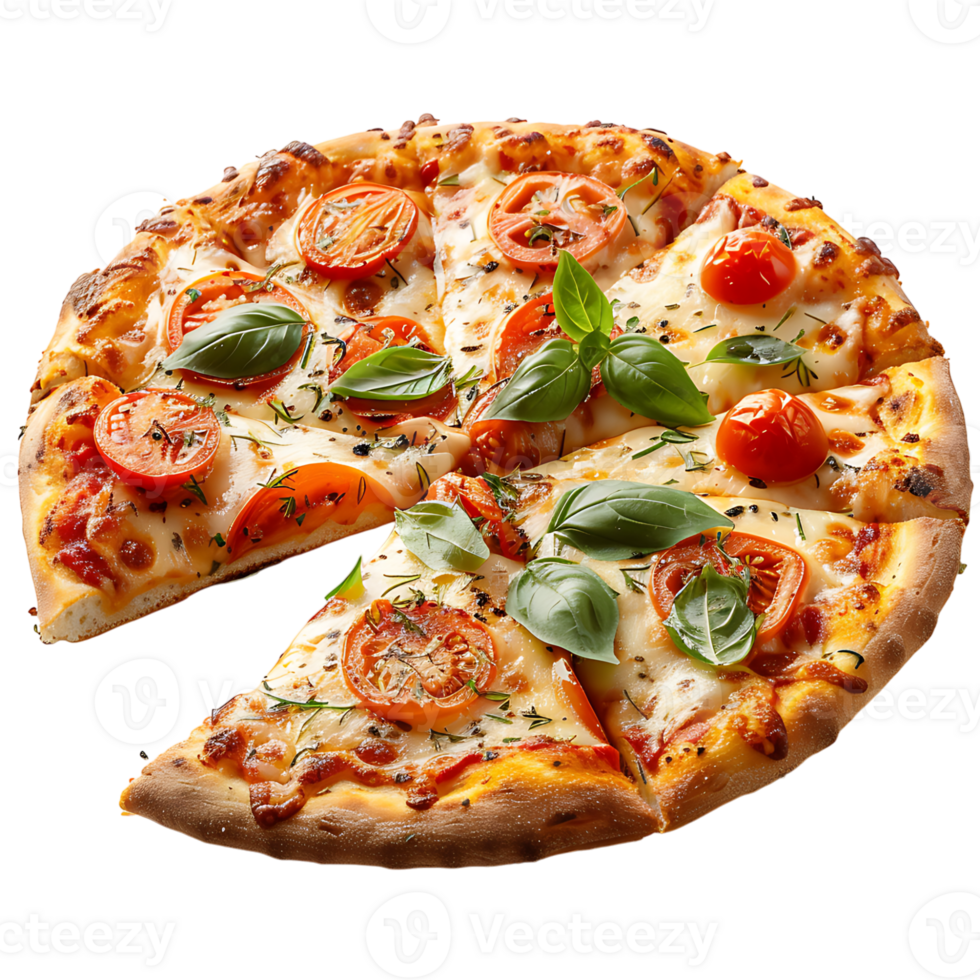 Freshly baked pizza with a cut slice on isolated transparent background png