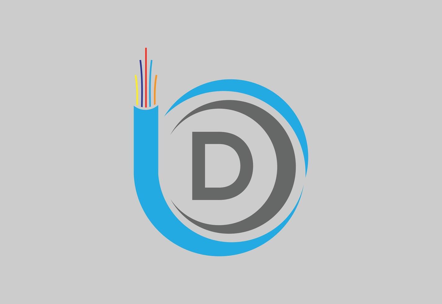 Initial D monogram letter alphabet with electric wire, optical fiber cable. vector