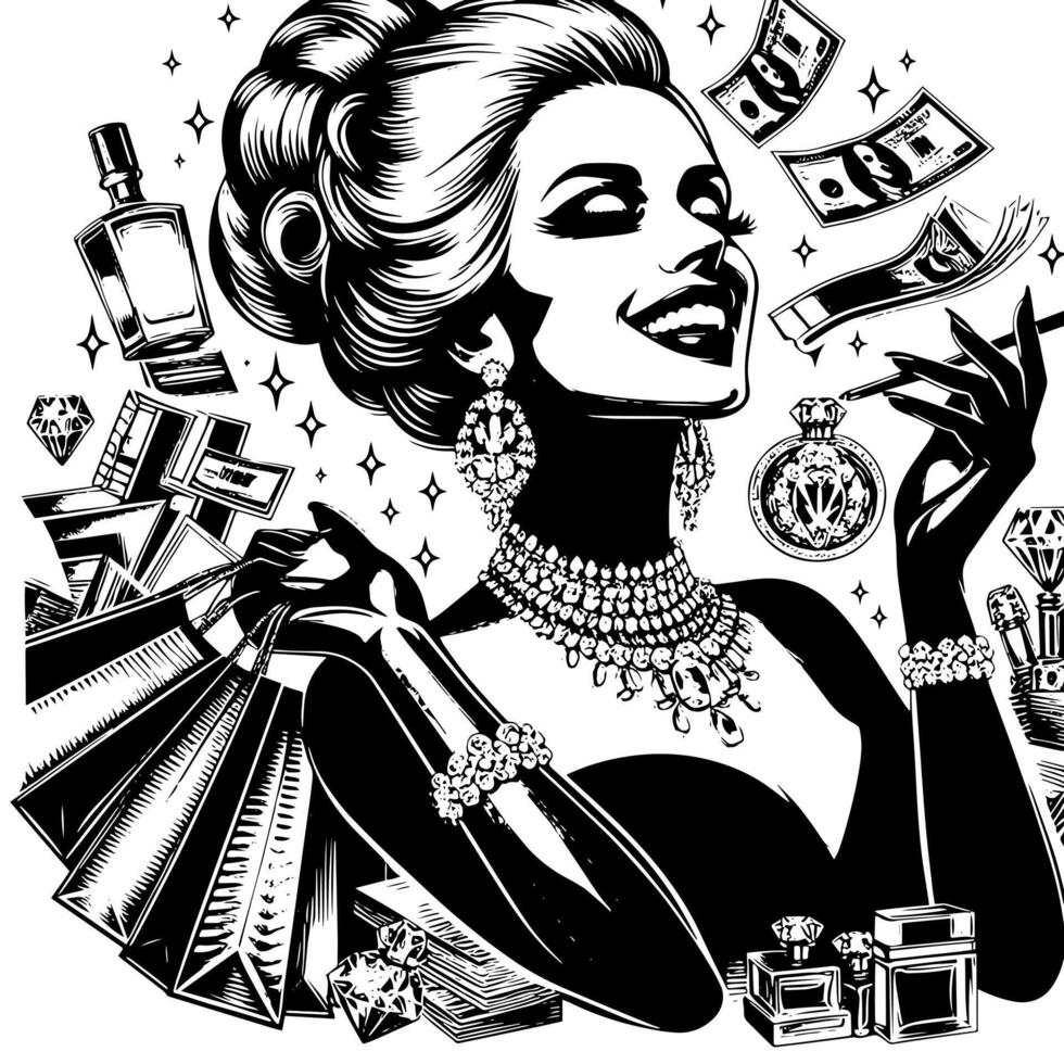 Black and white Illustration of a lucky luxurious Shopping Lady with Bags and Diamonds and Parfum vector