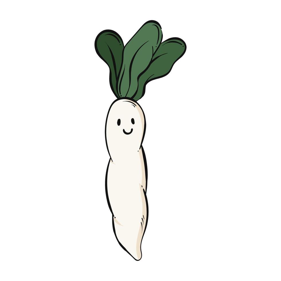 Radish cartoon. Radish Character Mascot. Radish on white background. for poster, banner, web, icon, mascot, background. Hand drawn. illustration vector