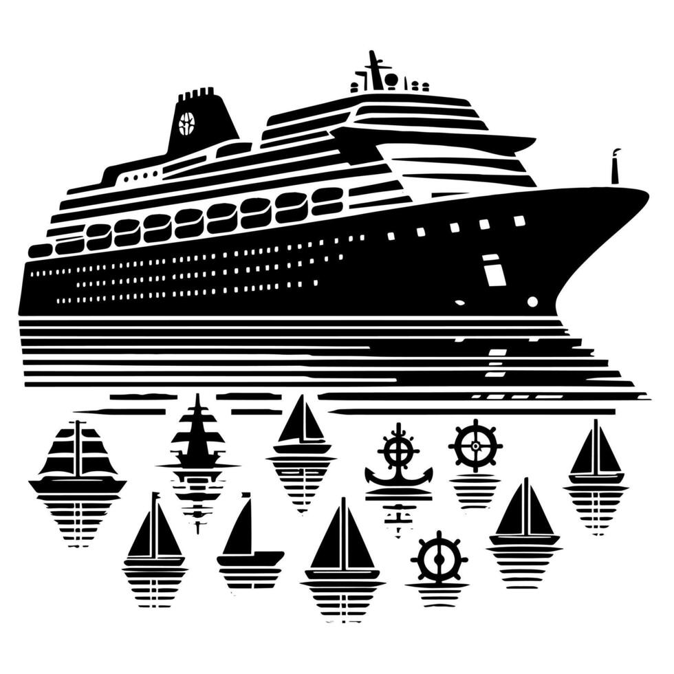 Black and White Illustration of a ocean liner at the sea vector