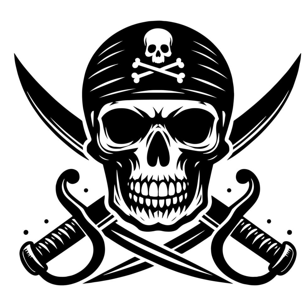 negro y blanco ilustración de pirata símbolo con espadas y sombrero vector