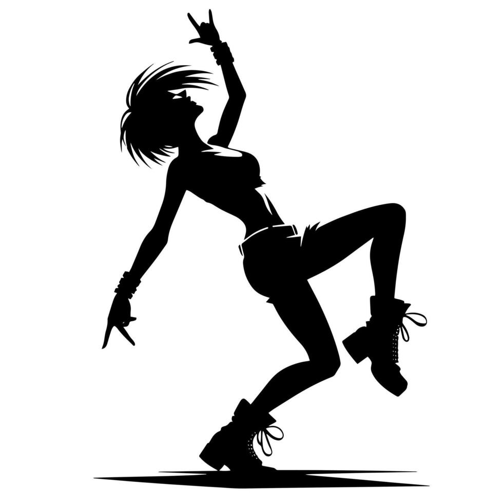 negro y blanco ilustración de un punk mujer es bailando y sacudida en un exitoso actitud vector