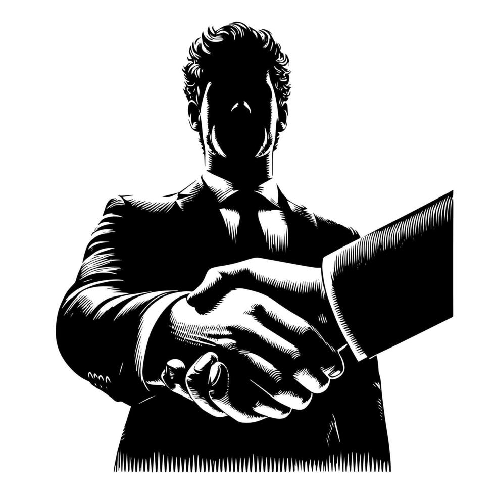 Black and white Illustration of a Handshake bewtween two Business Men in Suits vector