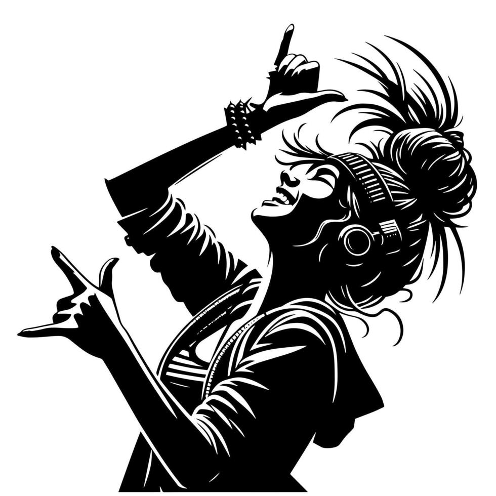 Black and White Illustration of a punk Woman is dancing and shaking in a Successful Pose vector