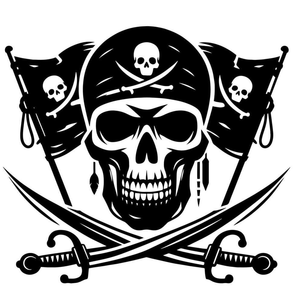 negro y blanco ilustración de pirata símbolo con espadas y sombrero vector