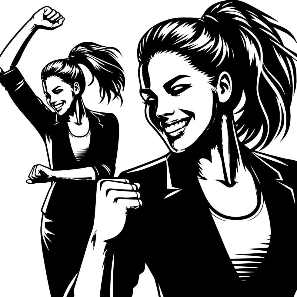 Black and White Illustration of a Woman in Business Suit is dancing and shaking in a Successful Pose vector