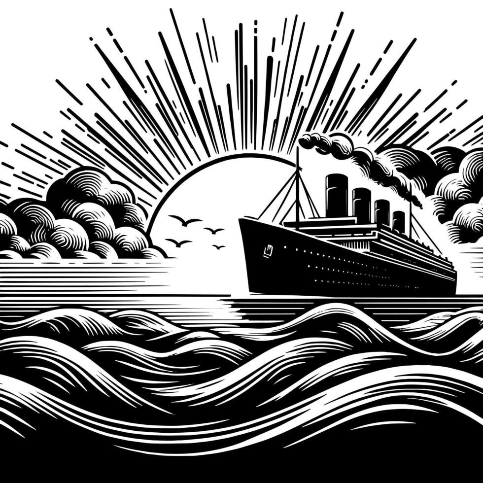 negro y blanco ilustración de un Oceano transatlántico a el mar vector