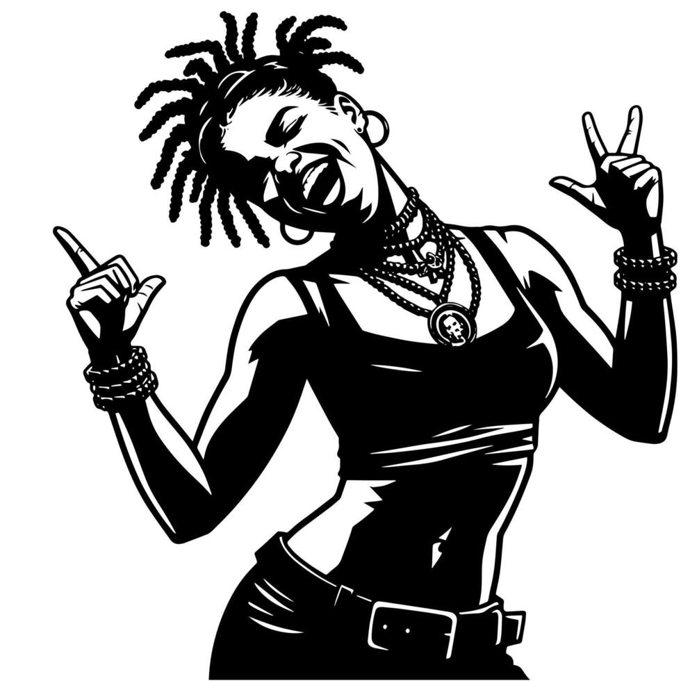 negro y blanco ilustración de un punk mujer es bailando y sacudida en un exitoso actitud vector