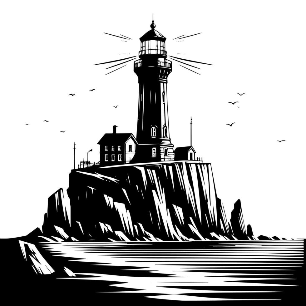 Black and White Illustration of a traditional old Lighthouse on the rocks vector