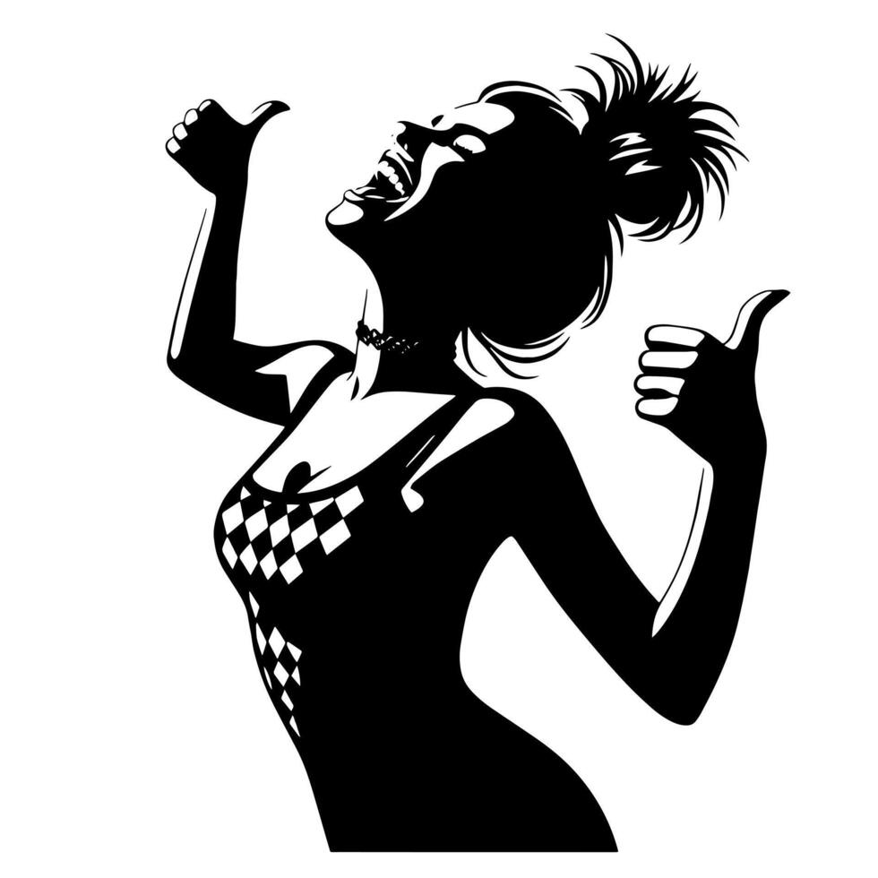 Black and White Illustration of a punk Woman is dancing and shaking in a Successful Pose vector