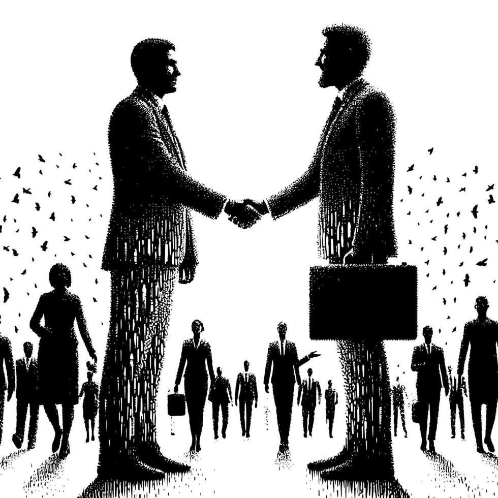 Black and white Illustration of a Handshake bewtween two Business Men in Suits vector