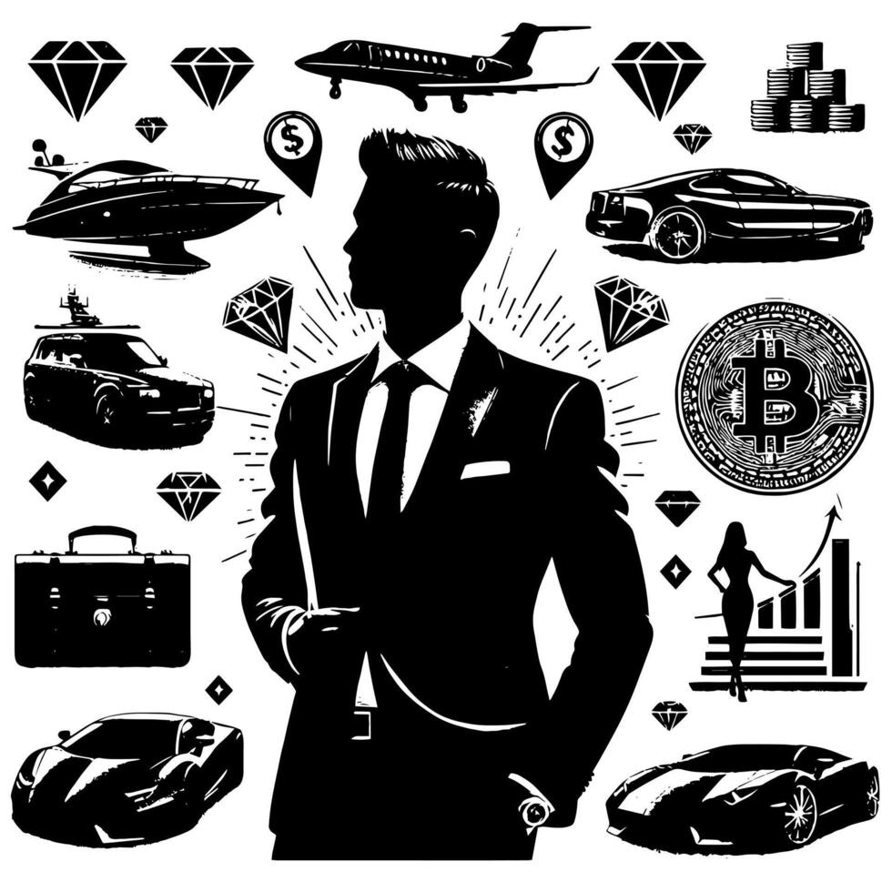 negro y blanco ilustración de un exitoso negocio hombre con dinero carros muchachas y lujo vector