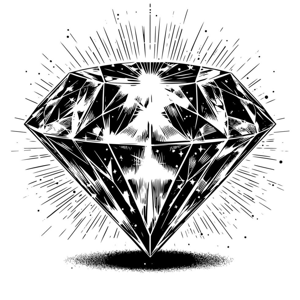 Black and white silhouette of a perfectly cut sparkling solitaire diamond gemstone vector