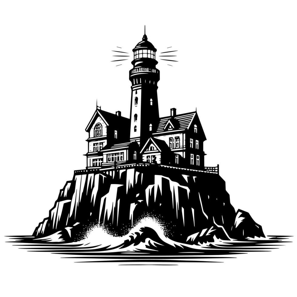 Black and White Illustration of a traditional old Lighthouse on the rocks vector