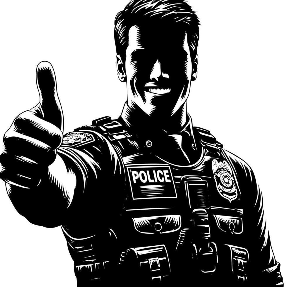 Black and White Illustration of a Police officer who is showing the Thumbs up Sign vector