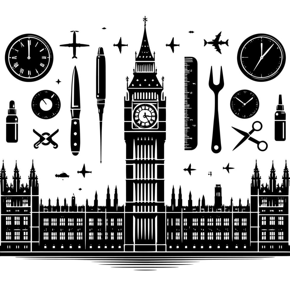 Black and White Illustration of Big Ben Tower in London vector