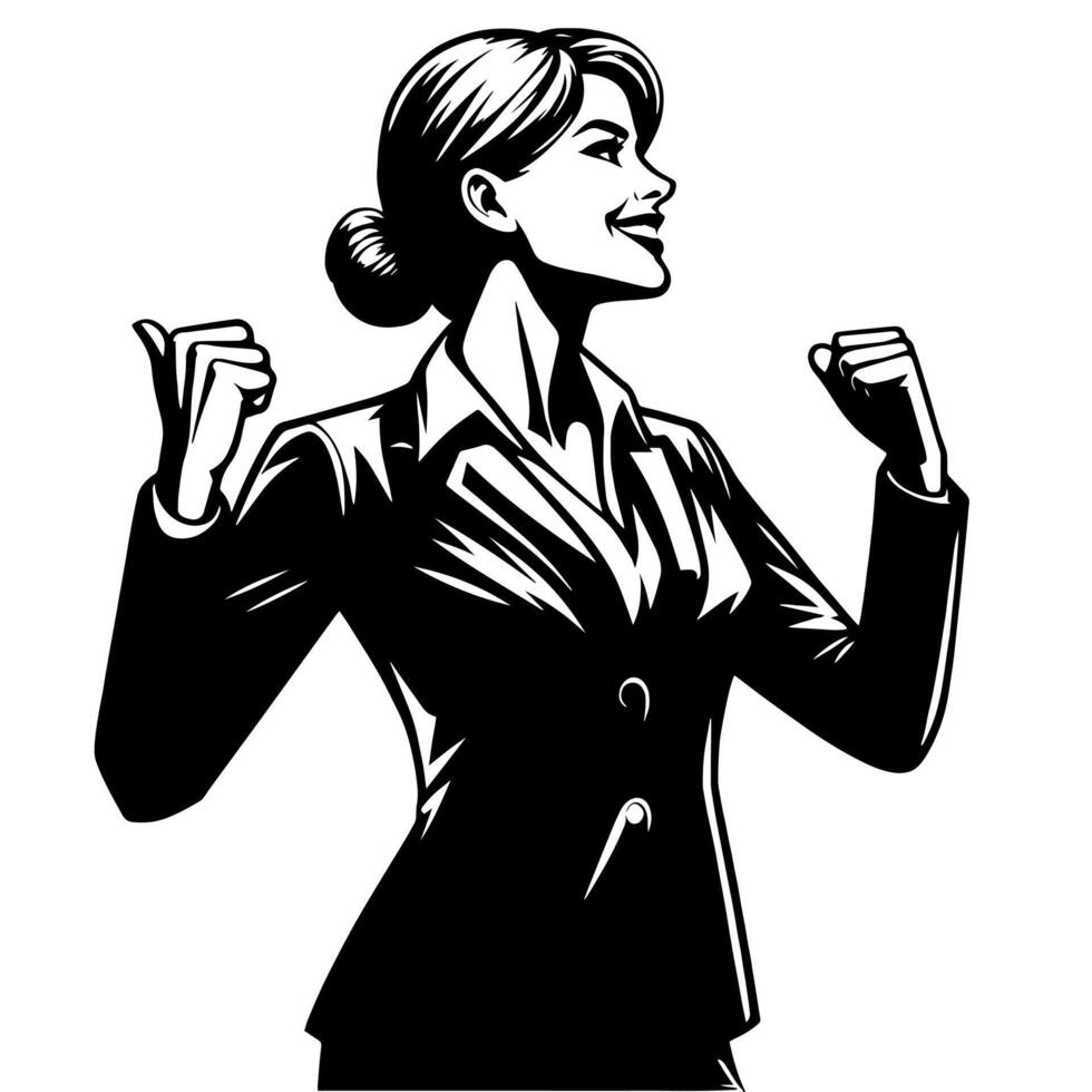 Black and White Illustration of a Woman in Business Suit is dancing and shaking in a Successful Pose vector