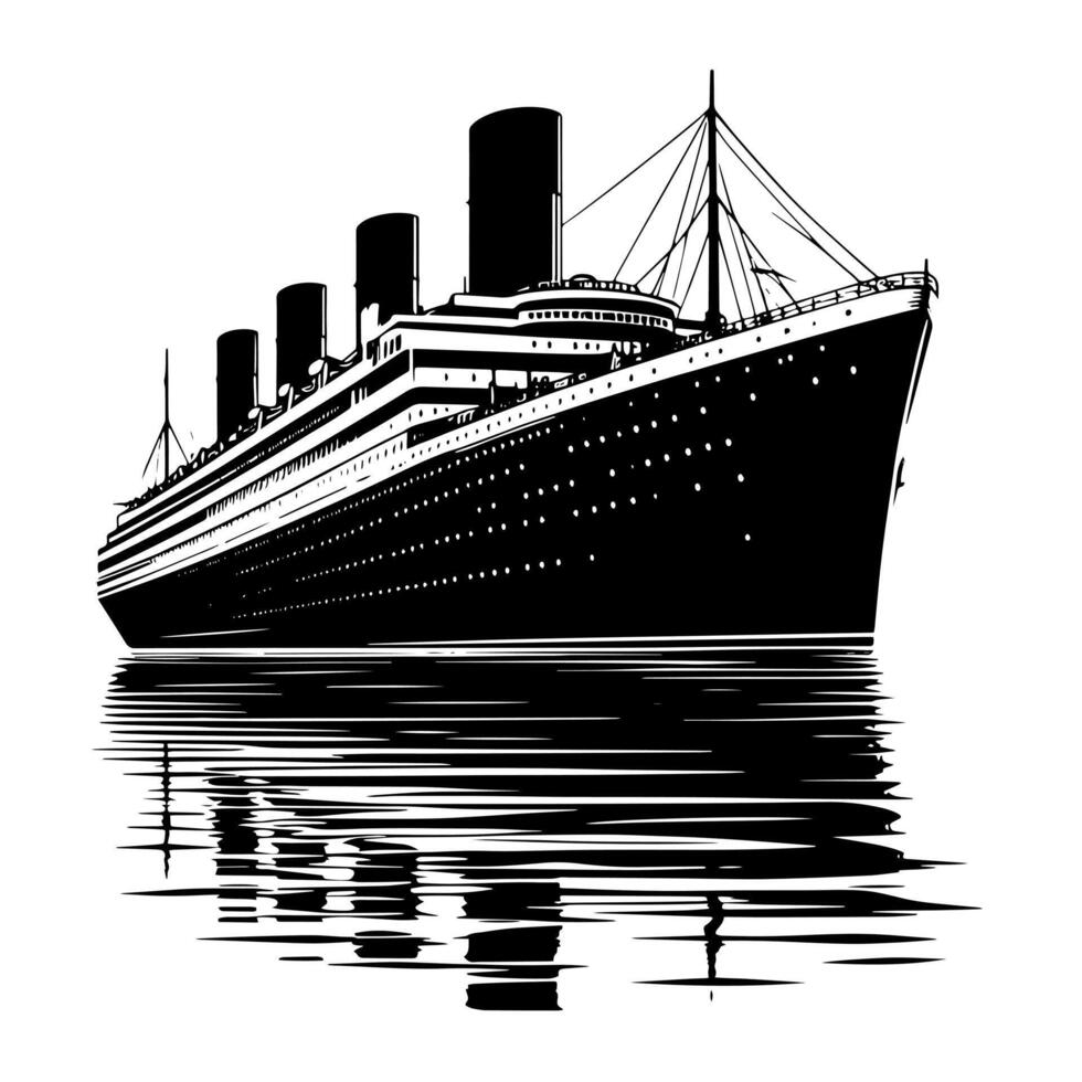 Black and White Illustration of a ocean liner at the sea vector