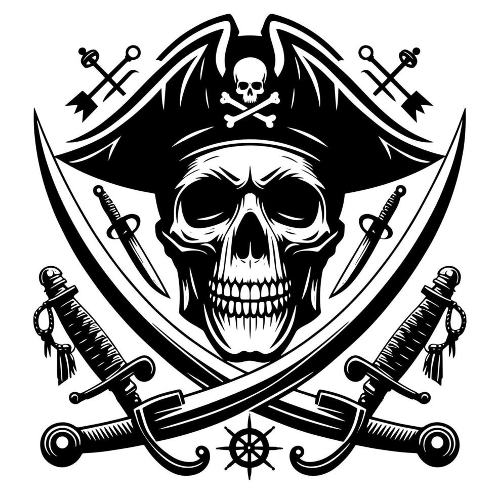 negro y blanco ilustración de pirata símbolo con espadas y sombrero vector