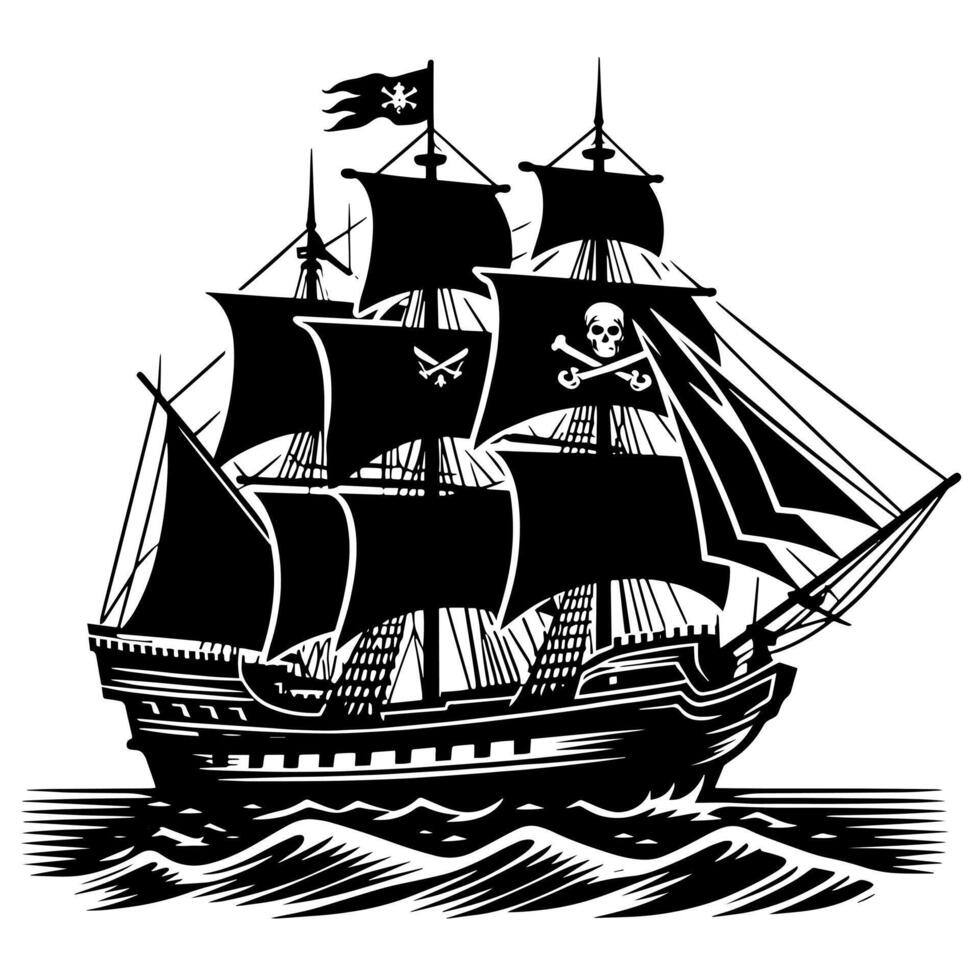 Black and White Illustration of pirate ship vector