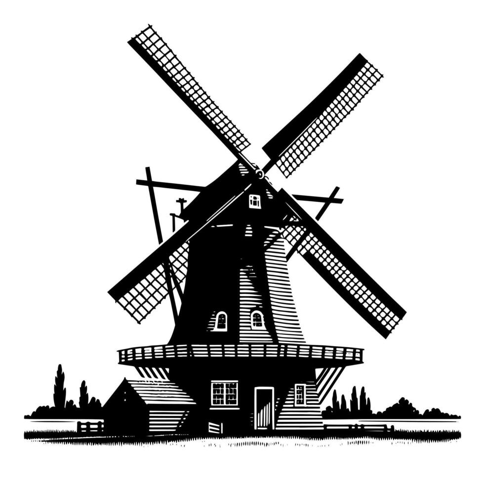 Black and White Illustration of a traditional old Windmill in Holland vector