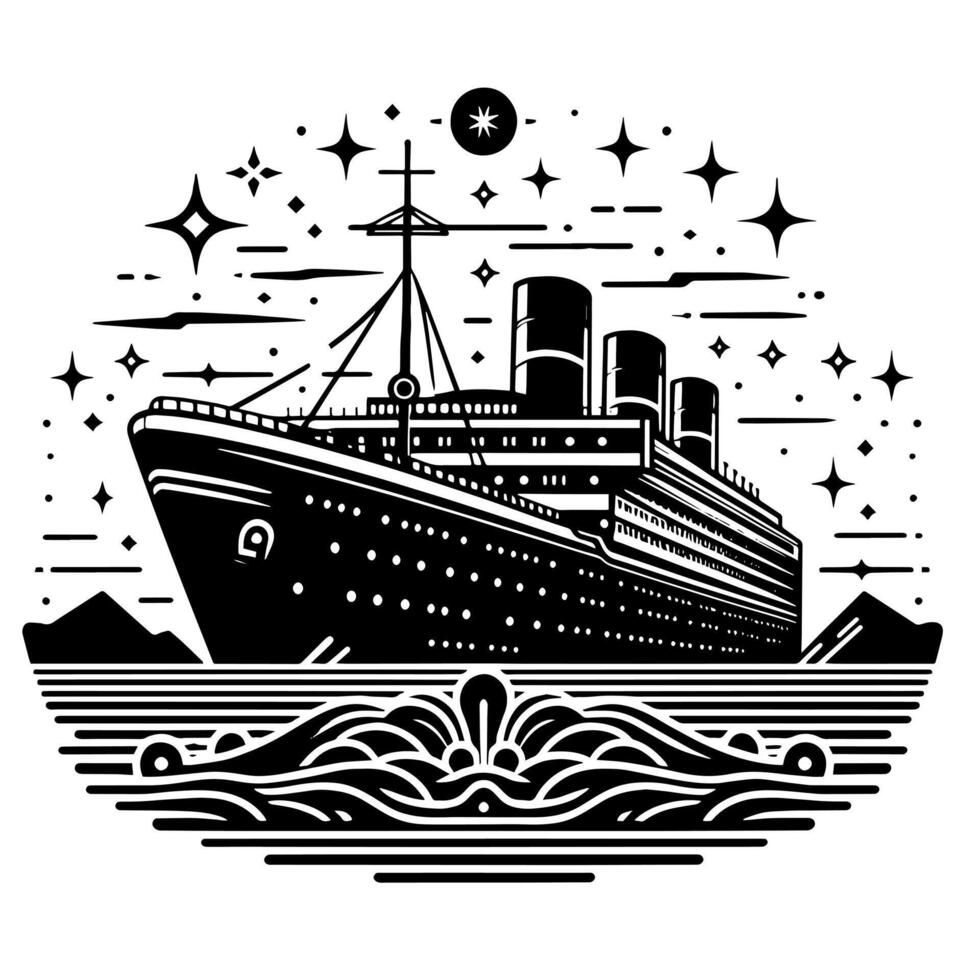 Black and White Illustration of a ocean liner at the sea vector