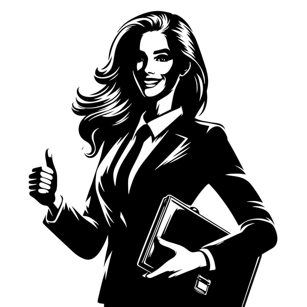 Black and White Illustration of a Woman in Business Suit is showing the Thumbs up Sign vector